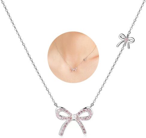 Bow Necklace Silver Bowknot Bow Tie Necklace for Women Pink rhinestone bow necklace Dainty Bow Pendent Choker Necklace Cute Pendant Necklaces Jewelry Gift in Saudi Arabia