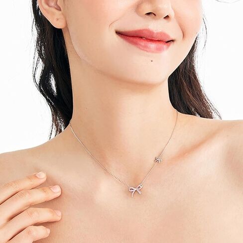 Bow Necklace Silver Bowknot Bow Tie Necklace for Women Pink rhinestone bow necklace Dainty Bow Pendent Choker Necklace Cute Pendant Necklaces Jewelry Gift in Saudi Arabia