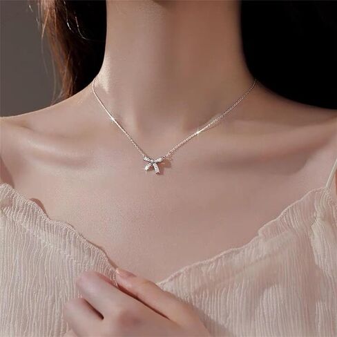 Bow necklace,Silver Necklace for Women - Bow Necklace Elegant Silver Mini Bow Pendant Necklace - Trendy & Adorable Design for Women Silver Jewelry Gift in Saudi Arabia