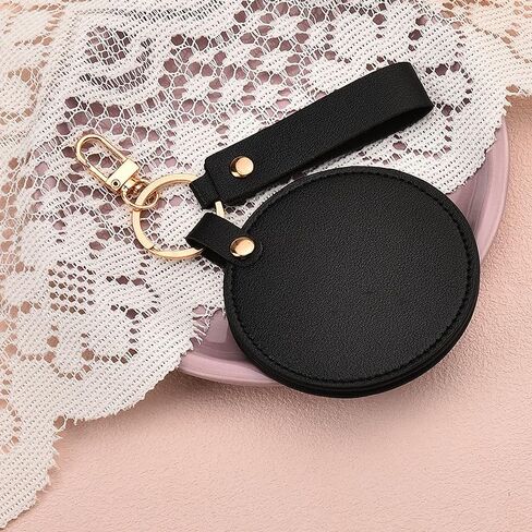 Sisadodo Small Round Makeup Mirror Keychains Compact Mirror Keychain Leather Keychain Rotating Folding Mirror Keyring in Kuwait