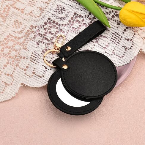 Sisadodo Small Round Makeup Mirror Keychains Compact Mirror Keychain Leather Keychain Rotating Folding Mirror Keyring in Kuwait
