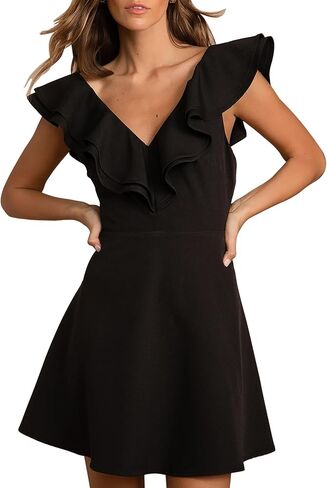 Women's Sexy Double Ruffles V Neck Sleeveless Mini Dress A Line Swing Skater Backless Hidden Zipper Party Dress in Saudi Arabia
