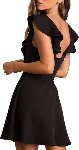 Women's Sexy Double Ruffles V Neck Sleeveless Mini Dress A Line Swing Skater Backless Hidden Zipper Party Dress in Saudi Arabia