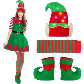 Christmas Glow Elf Costume Set Include Elf Hat Elf Shoes Covers Elf Socks for Adults, Led Elf Hat, Elf Shoes