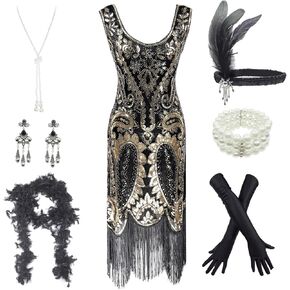 مجموعة فساتين Gatsby Flapper ذات الرقبة على شكل حرف V من العشرينات للسيدات مع مجموعة إكسسوارات
