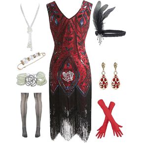 Women's Roaring 20s V-Neck Gatsby Flapper Dresses with Accessories Set