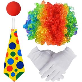 4 Pcs Clown Costume Set Rainbow Clown Wig Red Nose Bow Tie Gloves Clown Dress Up Accessories Halloween Accessories