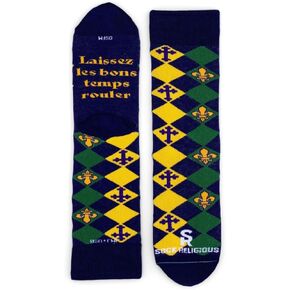 Sock Religious Laissex Les Bons Temps Rouler Fleur De Lis Cross Navy Blue and Green Men's and Women's One Size Fits Most Polyester Blend Catholic Inspirational Fun Crew Socks, Adult