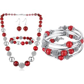 PEARL&CLUB Red Beaded Jewelry Set Bangle Wrap Bracelet for Women