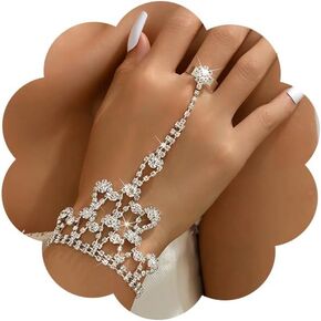 Chargances Bridal Crystal Finger Ring Bracelet Silver Rhinestone Flower Shape Hand Chain Bangle Wedding Hand Harness Hand Accessories for Women (Style 2)