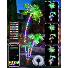 Smart Palm Tree for Outside Patio, 6FT App Remote Control Artificial Lighted Palm Tree 2 Trunks, DIY Music Sync Color Changing LED Light Up Palm Tree Outdoor Deck Tiki Bar Decor