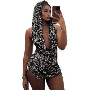 Women Sexy V-Neck Bodycon Sequin Mini Dress Hooded Sparkly Dresses for Party Club Night