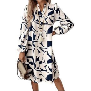 SweatyRocks Women's Geometric Pattern Printed V Neck Dress Collar Lantern Long Sleeve Casual Dresses