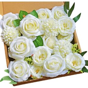 SWEETIME Artificial Flowers Bulk,Red Roses Bouquet,Faux Rose Head Bundle with Green Leaves,Floral Arrangements for DIY Wedding Centerpieces,Party and Home Décor on Birthday,ThanksGiving,Christmas
