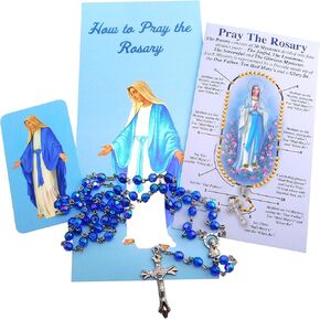 Westmon Works How to Pray the Rosary Set Glass Bead and Metal Crucifix with Prayer Pamphlet and Large Holy Card Guide