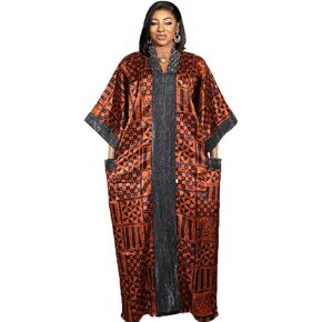 HD African Print Boubou Dress for Woman Rhinestone Kaftan Casual Gown Half Sleeves