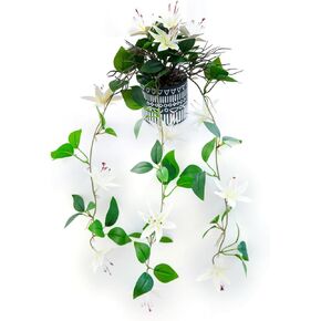 20'' Hanging Artificial Plants Decor Fake Small Ivy Vines Plants with Orange Lily Flowers in Smiley Face Pattern Pottery Pot for Home Living Room Balcony Bedroom Wall Shelf