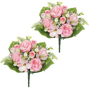 Hollyone Set of 2 Artificial Cemetery Flower for Graves Cemetery Memorial Flowers for Outdoor Grave Decorations Silk Flower Arrangements Pink Rose Peonies Lily Floral Flowers Bouquets