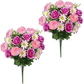 Hollyone مجموعة من 2 زهرة مقبرة اصطناعية للقبور، زهور تذكارية للمقابر لتزيين القبور في الهواء الطلق، ترتيبات زهور الحرير، الورد الوردي، الفاوانيا، الزنبق، باقات الزهور in Kuwait