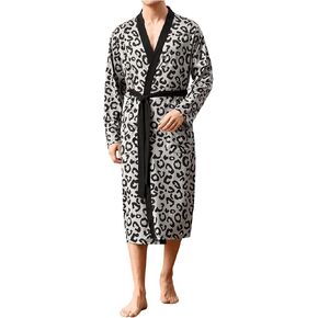 OYOANGLE Men's Leopard Print Long Sleeve Belted Bathrobe Soft Lightweight Kimono Robe Sleepwear