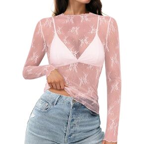 HOTOUCH Women's Mesh Sheer Tops Long Sleeve Layering Top Mock Neck See Through Floral Lace Shirt Blouse