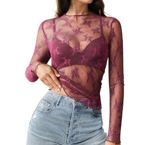 HOTOUCH Women's Mesh Sheer Tops Long Sleeve Layering Top Mock Neck See Through Floral Lace Shirt Blouse in Kuwait