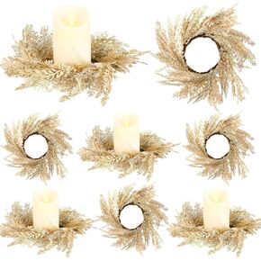 Hanaive 8 Pcs Boho Candle Wreaths Small Pampas Candle Wreath 3.9 in Wedding Faux Pampas Wreath Door Wreath Candleholders Fall Decoration for Wedding Home Farmhouse Tabletop Decor