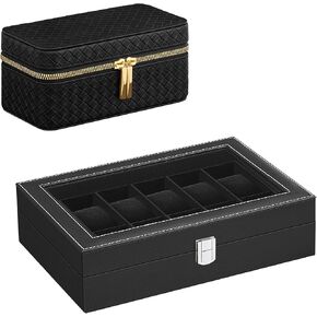 SONGMICS 12-Slot Watch Box and 3 Watch Travel Case Bundle, Watch Case with Large Glass Lid, Removable Watch Pillows, Ink Black Surface, Ink Black and Slate Gray Lining UJWB012B01 and UJWB017G01