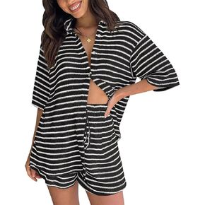 BWQ Womens Striped 2 Piece Lounge Sets Knit V Neck Short Sleeve Button Down Shirt and Shorts Matching Pajama Set