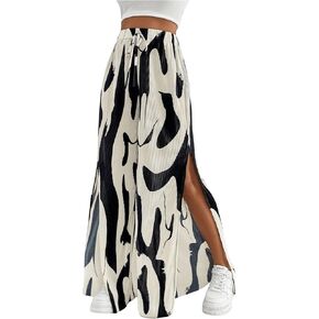 OYOANGLE Women's All Over Print High Split Pleated Long Pants Elastic High Waist Wide Leg Casual Trousers
