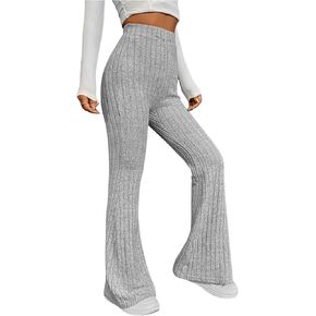WDIRARA Women's Elastic High Waist Flare Pants Ribbed Knit Bell Bottom Trousers