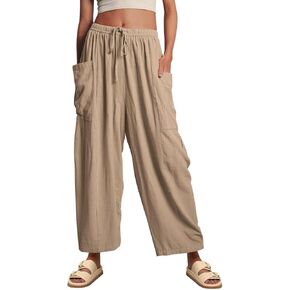 ABAFIP Women's Linen Palazzo Pants Summer Drawstring High Waisted Wide Leg Baggy Harem Pants with Pockets