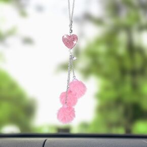 Bling Car Accessories Interior for Women Cute Love Heart and Plush Ball Pendant for Auto Rear View Mirror Cute Rinestones Pink Fluff Balls Car Accessories for Women Girls