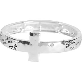 Dicksons Lord's Prayer Engraved Horizontal Cross Women's One Size Silver Plated Stainless Steel Four-Tile Stretch Bracelet