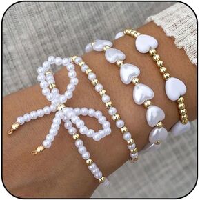 Pearl Bow Bracelet for Women Waterproof Gold Beaded Bracelets Stretch Bead Ball Stackable Bracelets Adjustable Multilayered Elastic Heart Pearl Bracelets Christmas Bow Bracelet for Women Gifts