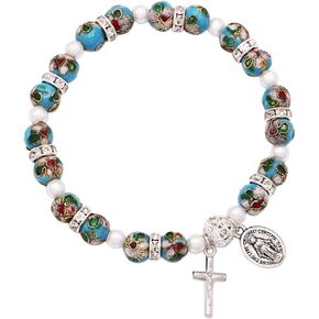 Rosemarie Collections Women's Cloisonne Beaded Stretch Rosary Bracelet with Crucifix and Miraculous Medal