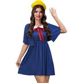 Clarisbelle Women's Halloween Peter Pan Collar Costume Spooky Blue Dress with Enchanted Red Tie and Capelet