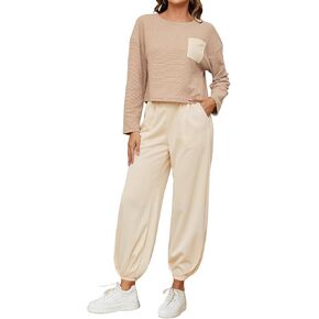 ROYLAMP Women's 2 Piece Outfits knit Loose Cropped Pullover Tops and High Waisted Pants Tracksuit Sets with Pocket