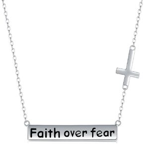 Faith Over Fear Cross Necklaces - 925 Sterling Silver Faith Necklaces Inspiration Pendant Faith Cross Necklaces Christian Religious Bar Necklace Gift Jewelry