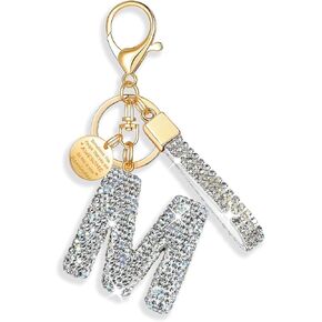 XGALBLA White Pink Black Initial Letter Keychain for Women Rhinestone Bling Cute Backpack Car Key Accessories Lanyard