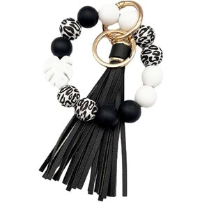 Leaf Bead Wristlet Keychain for Women,Silicone Beaded Key Ring Car Key Holder,Elastic Bangle Bracelet Leather Tassel