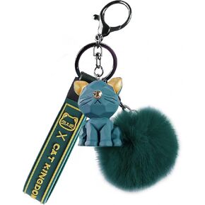 Cat Keychain with Fluffy Pom Pom for Women Purse Handbags - Cute and Stylish Key Ring Bag Charms for Cat Lovers