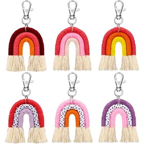 Landhoow 6 Pcs Boho Rainbow Keychains Bulk Women Macrame Rainbow Key Chains Mini Tassel Keychains Car Keyrings Holder