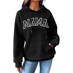 VILOVE Mama Sweatshirt Women Funny Mama Letter Print Waffle Knitted Hoodies Casual Long Sleeve Pullover Hooded Tops