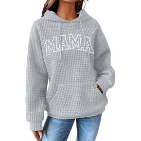 VILOVE Mama سويت شيرت نسائي مضحك ماما مطبوع عليه حروف وافل محبوك هوديس غير رسمي كم طويل بلوفر بقلنسوة