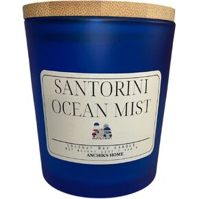 Santorini Ocean Mist Candle | 12 oz Coconut Apricot Wax | Wood Wick Luxury Scented Candle in Blue Container | Relaxation and Home Fragrance Gift