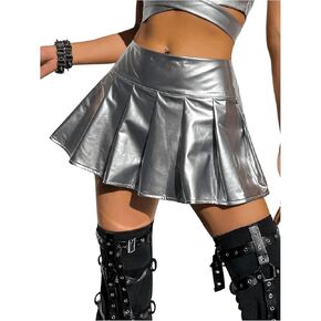 OYOANGLE Women's Metallic Pleated Mini Skirt Y2k Drop Waist Flared A Line Skater Skirts