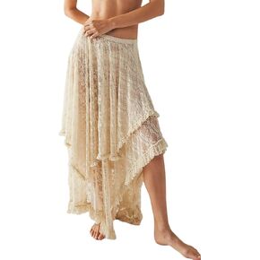 Women's Sexy Asymmetrical Lace Long Skirts Summer Elastic Layered Hem Skirt See-Through Beach Floral Half Slip