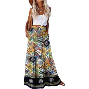 Bsubseach Women Boho Floral Maxi Skirt Elastic High Waist Flowy Ruffle Long Skirts Casual A Line Skirts with Pockets