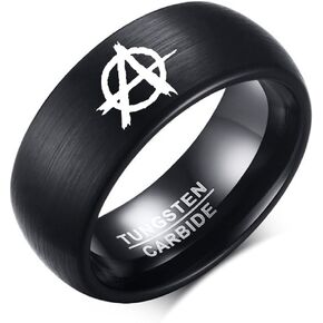 8MM Tungsten Carbide Anarchy Symbol Men's Ring Comfort Fit Band, Black